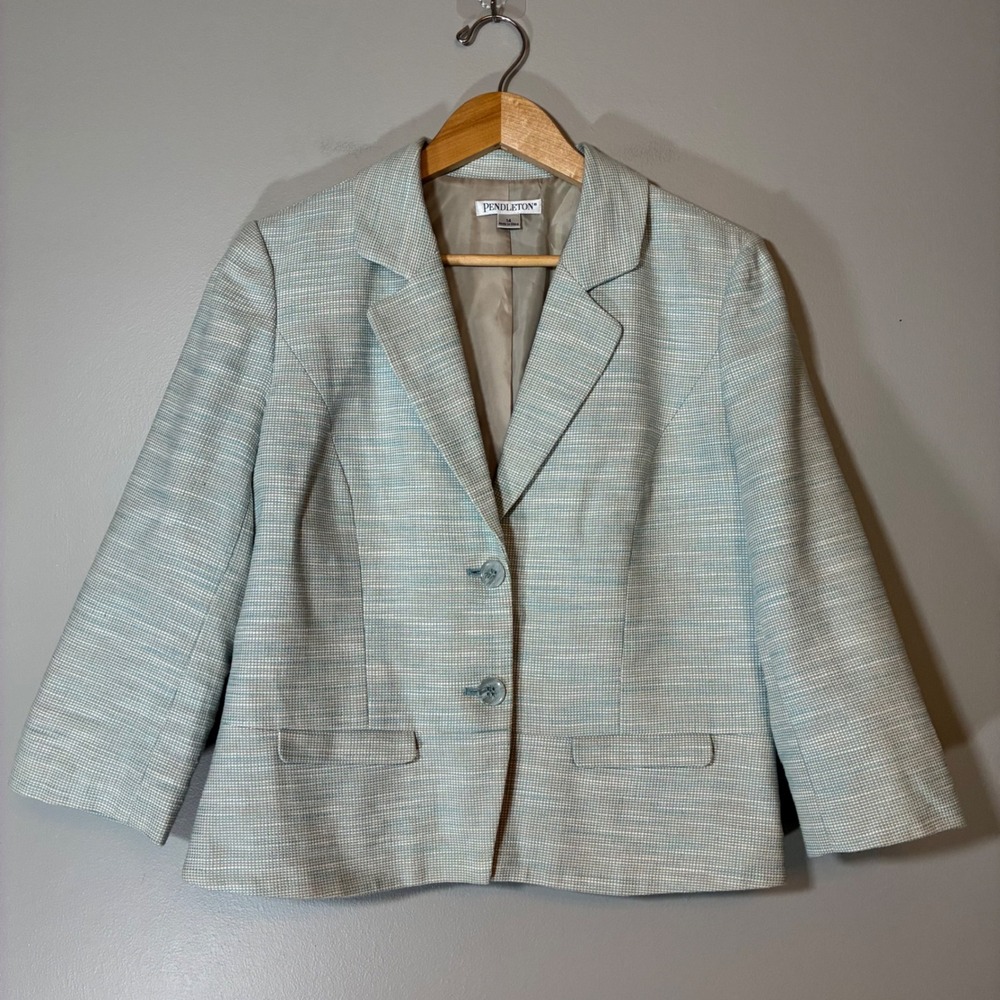 VTG Pendleton Blue White Cotton Linen Textured 3/4 Sleeve Blazer Jacket Size 14